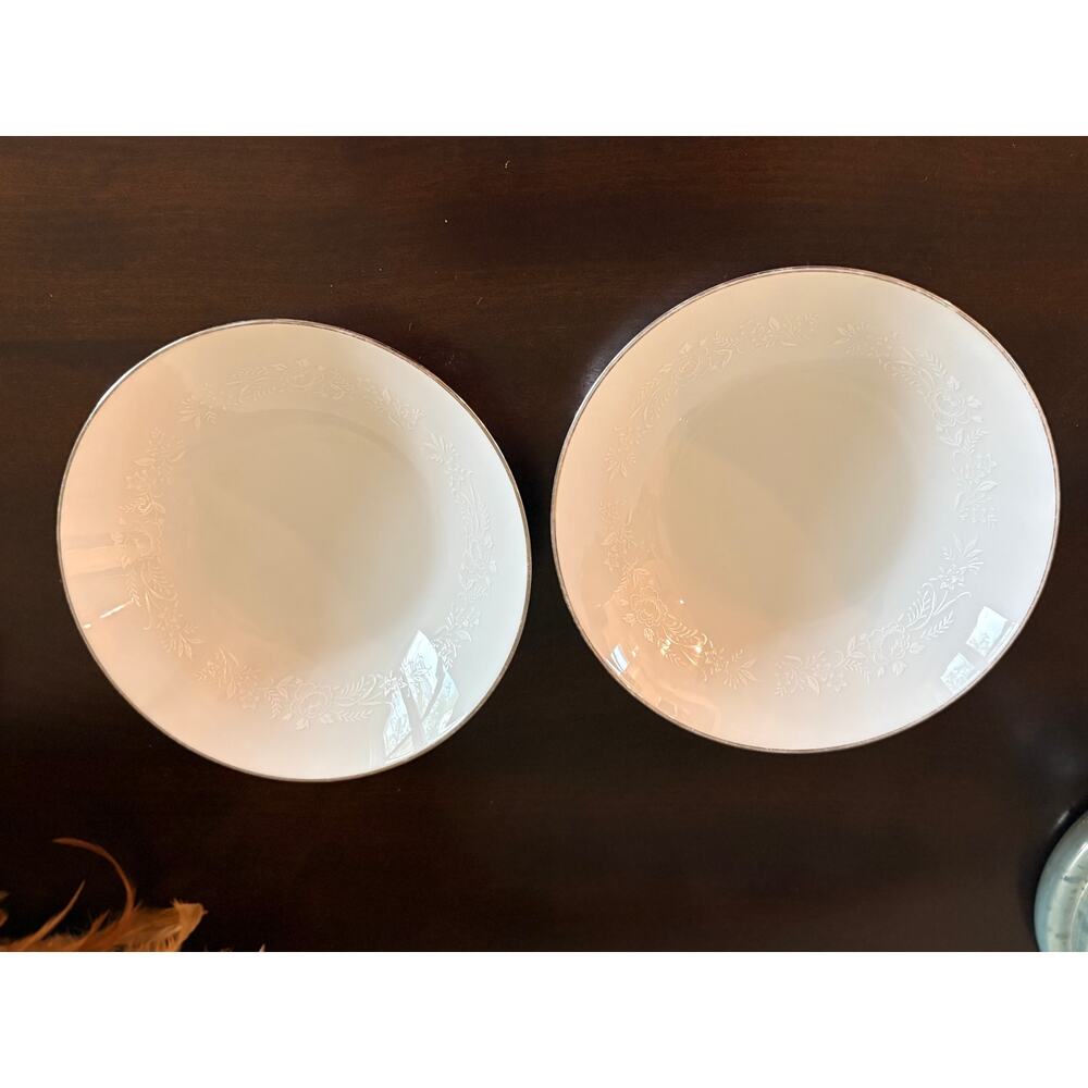 Vtg Noritake Reina Coupe Soup Bowls Set of 2 Ivory White Floral Platinum Trim